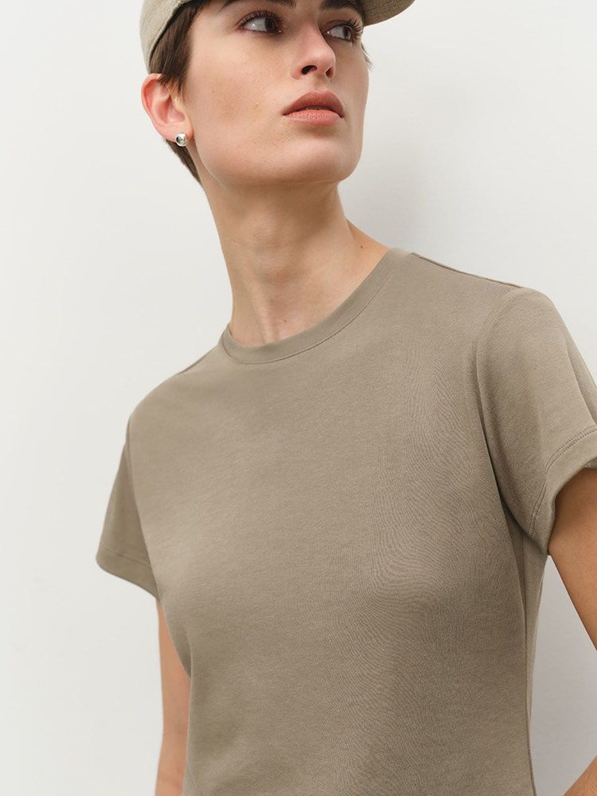 MSBEAST Acetate Cotton Flutter Sleeve T Shirt in Beige - On Female Model