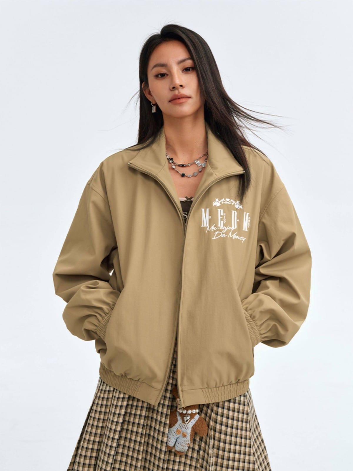 MEDM Nylon Stand Collar Coach Jacket in Beige - On Female Model