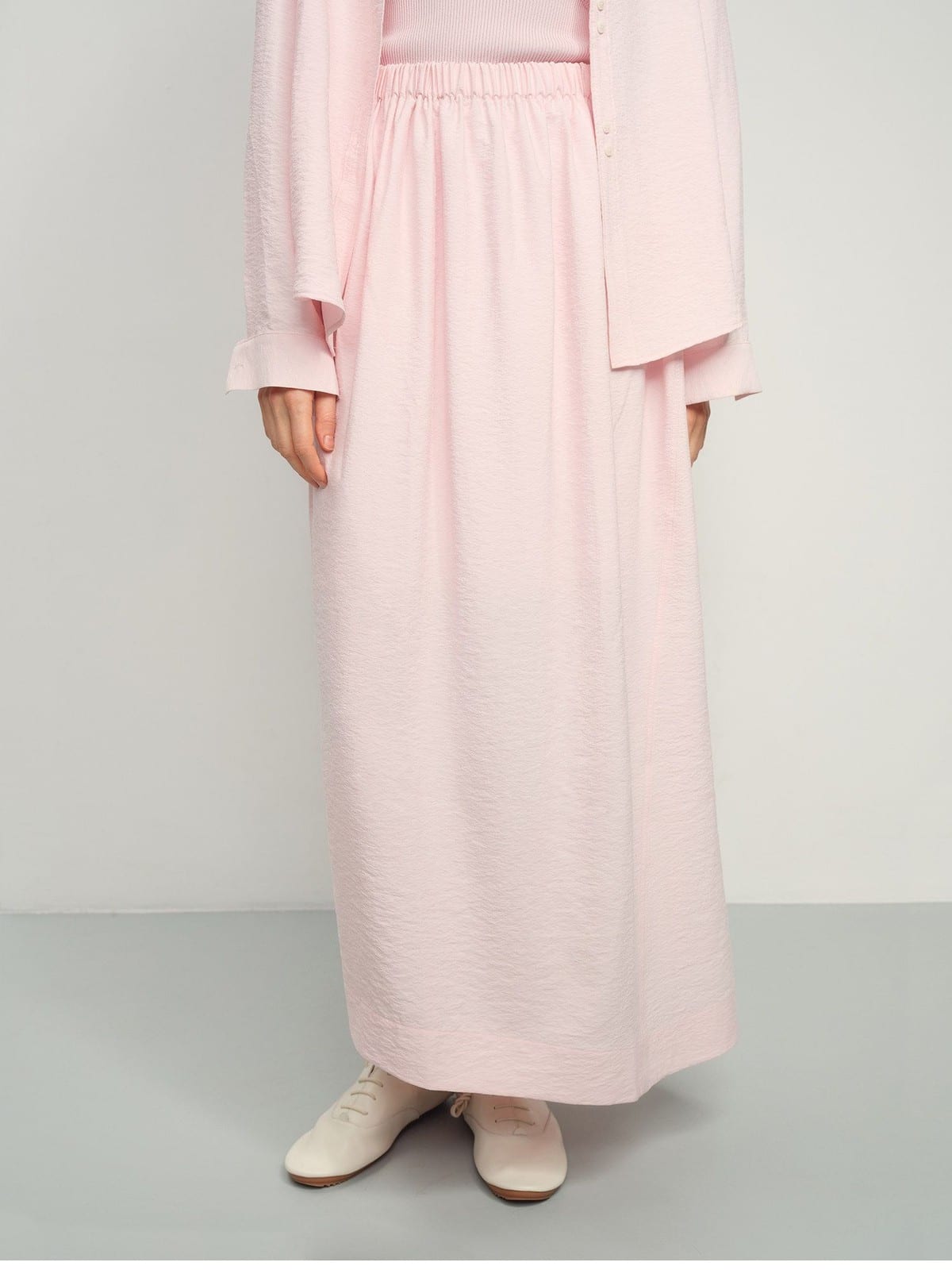 TEASEL Crinkled Silk Blend Short Sleeve Top in Pink - On Female Model