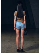SMFK Silk Blend Short Sleeve Crop Top in Brown - On Model