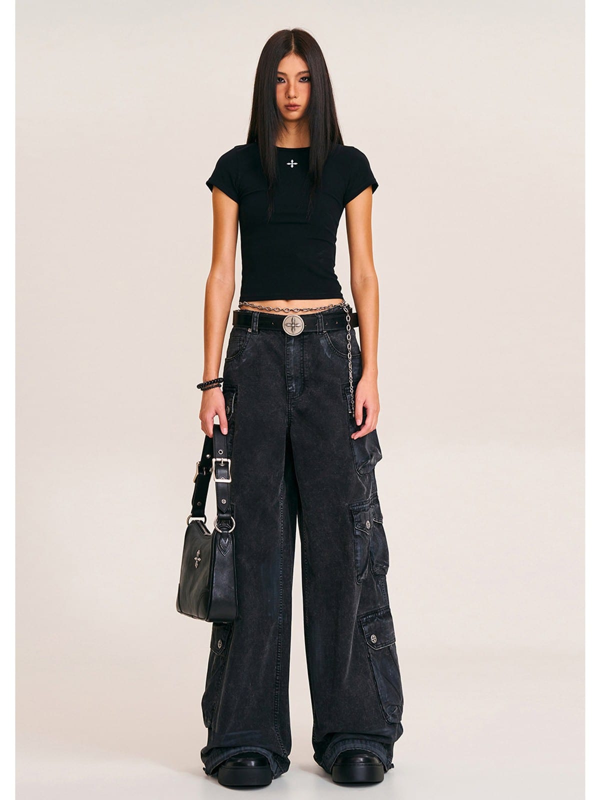 SMFK Short Sleeve Cropped T Shirt in Black - On Female Model