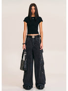 SMFK Short Sleeve Cropped T Shirt in Black - On Female Model