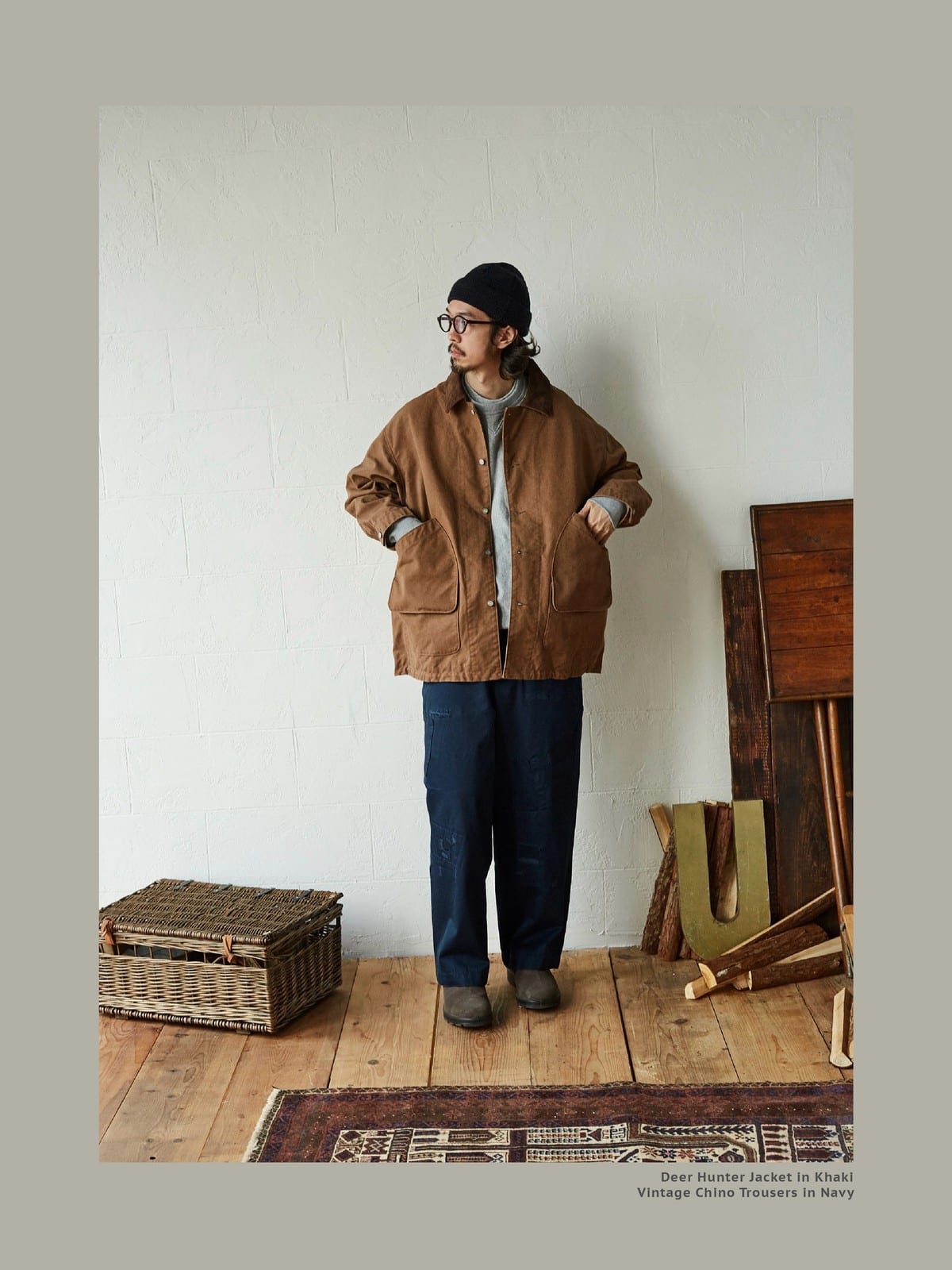 USAGE Heavyweight Canvas Hunting Jacket in Beige - On Male Model