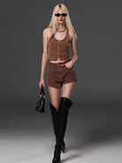 SMFK Seamed Cotton Denim Shorts in Brown - On Female Model