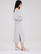 RARELY ALIKE Cotton Side Slit Midi Skirt in Gray - On Female Model