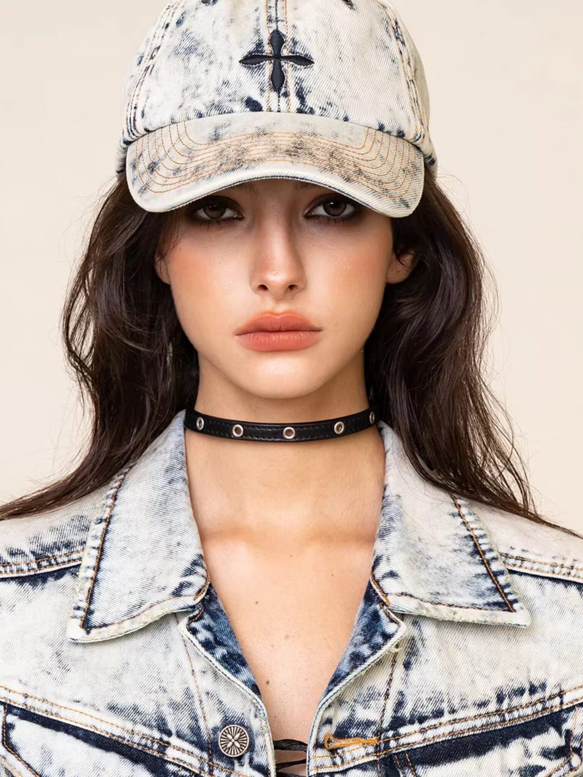 SMFK Distressed Cross Embroidered Baseball Cap in Sky Blue - On Female Model