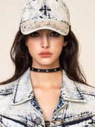 SMFK Distressed Cross Embroidered Baseball Cap in Sky Blue - On Female Model