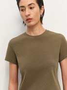 MSBEAST Cotton Blend Tapered Waist T Shirt in Olive - On Female Model