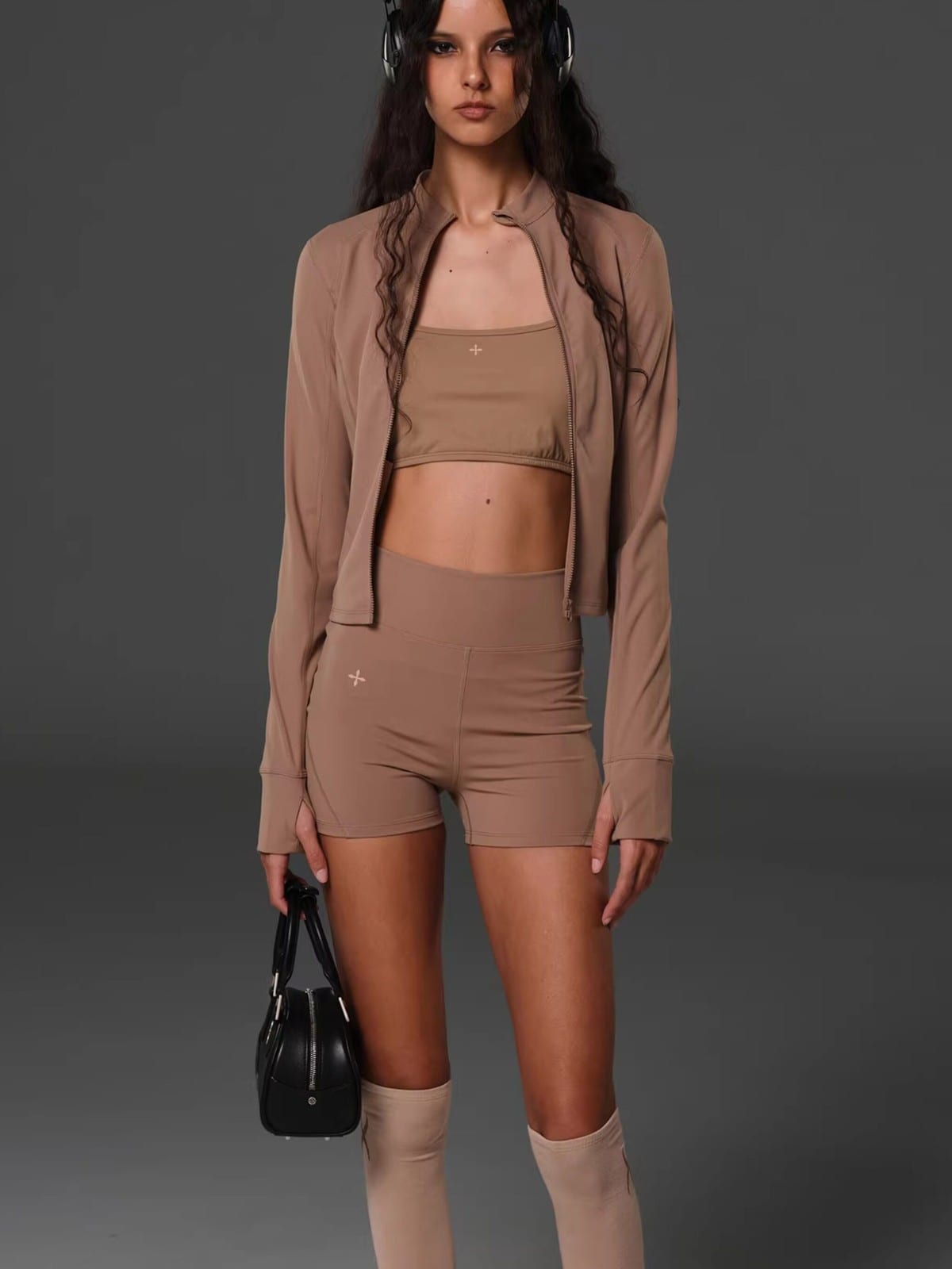 SMFK Zip Up Long Sleeve Active Jacket in Brown - On Female Model