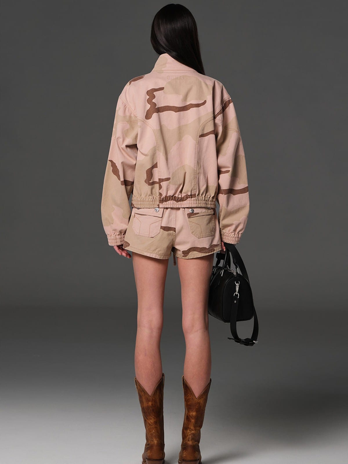 SMFK Camouflage Zip Up Cropped Jacket in Pink - On Model