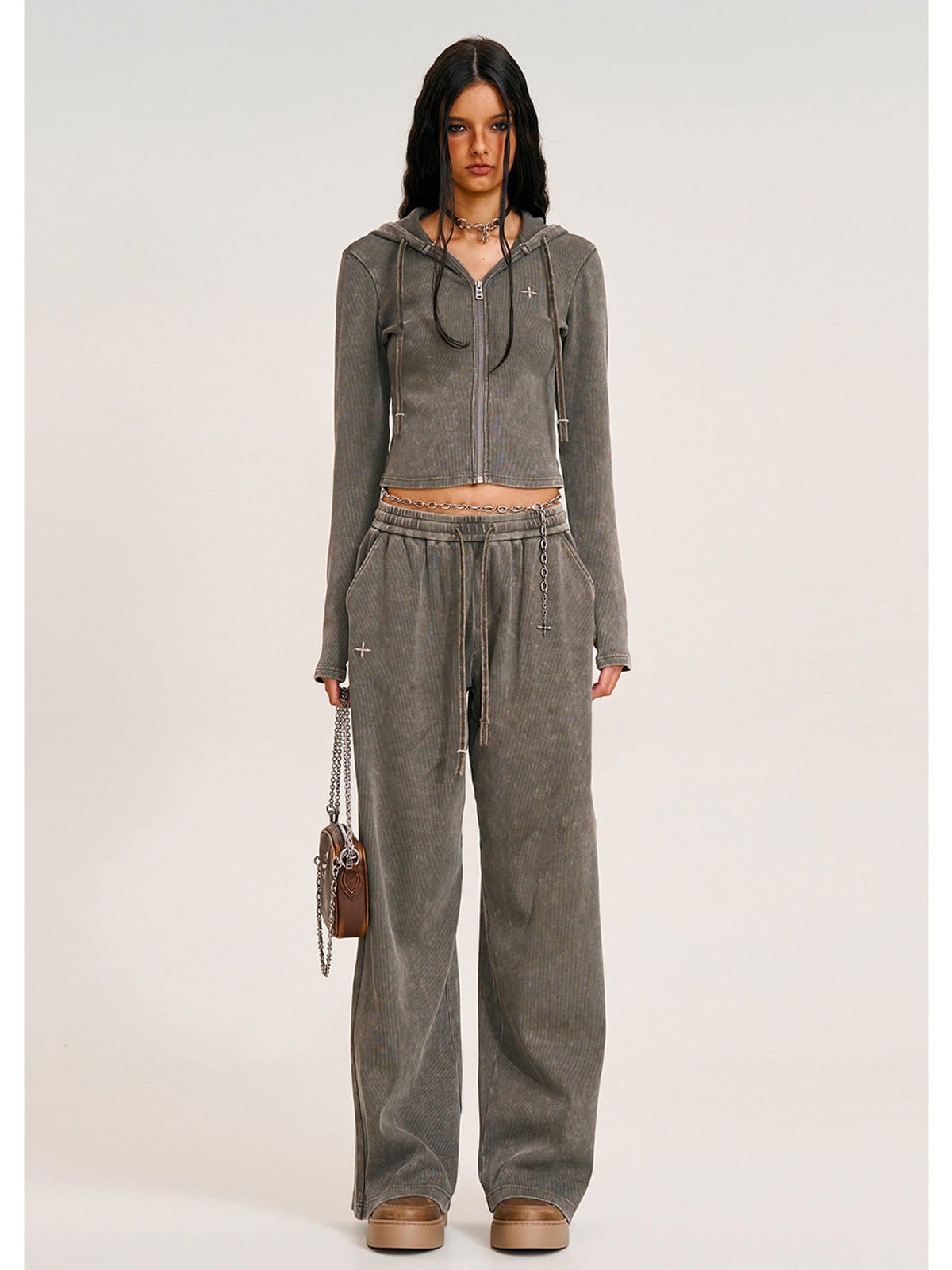 SMFK Vintage Wash Zip Up Cotton Hoodie in Gray - On Female Model