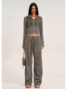 SMFK Vintage Wash Zip Up Cotton Hoodie in Gray - On Female Model