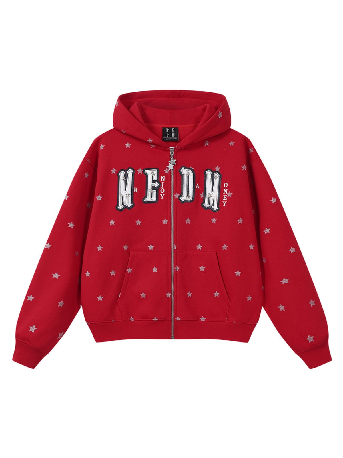 MEDM Fleece Lined Star Print Zip Hoodie in Red
