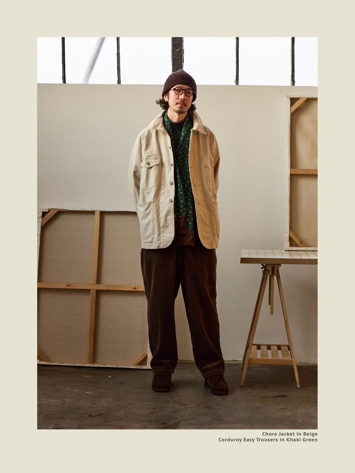 USAGE Washed Heavyweight Cotton Chore Jacket in Beige - On Male Model