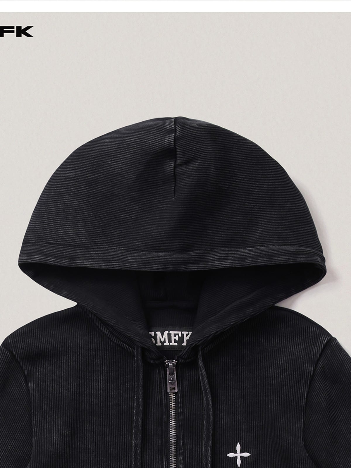 SMFK Washed Ribbed Zip Up Hoodie in Black - Detail