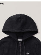 SMFK Washed Ribbed Zip Up Hoodie in Black - Detail