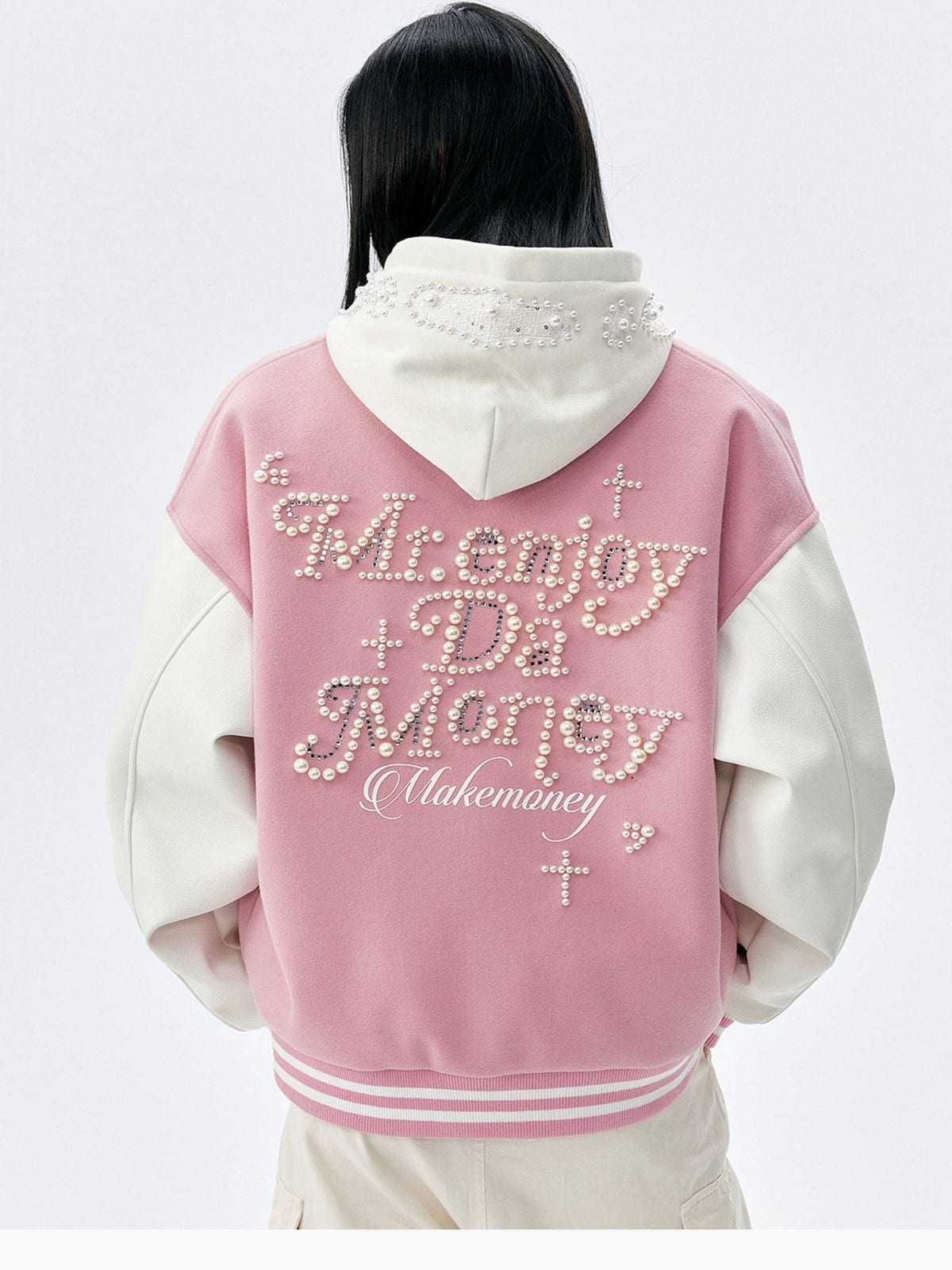 MEDM Pearl Embellished Varsity Jacket in Pink - On Female Model