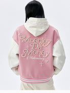 MEDM Pearl Embellished Varsity Jacket in Pink - On Female Model