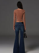SMFK Ribbed Zip Up Cropped Cardigan in Brown - On Female Model