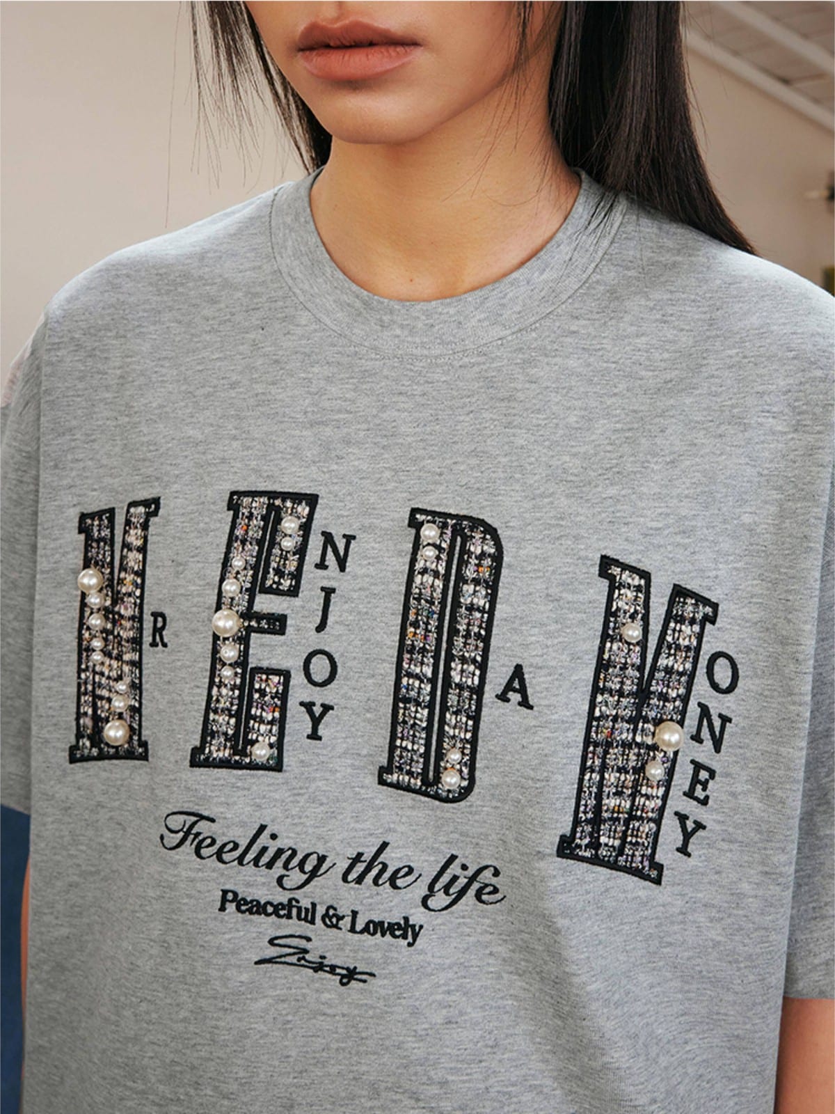MEDM Pearl Embellished Letter Cotton T Shirt in Gray - On Female Model
