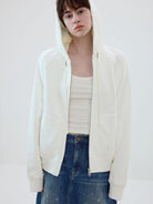 SIMPLE PROJECT Cotton Blend Zip Up Hoodie in White - On Female Model