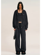 SMFK Distressed Washed Cotton Zip Up Hoodie in Gray - On Female Model