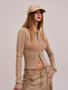SMFK Distressed Camo Cotton Baseball Cap in Beige - On Female Model