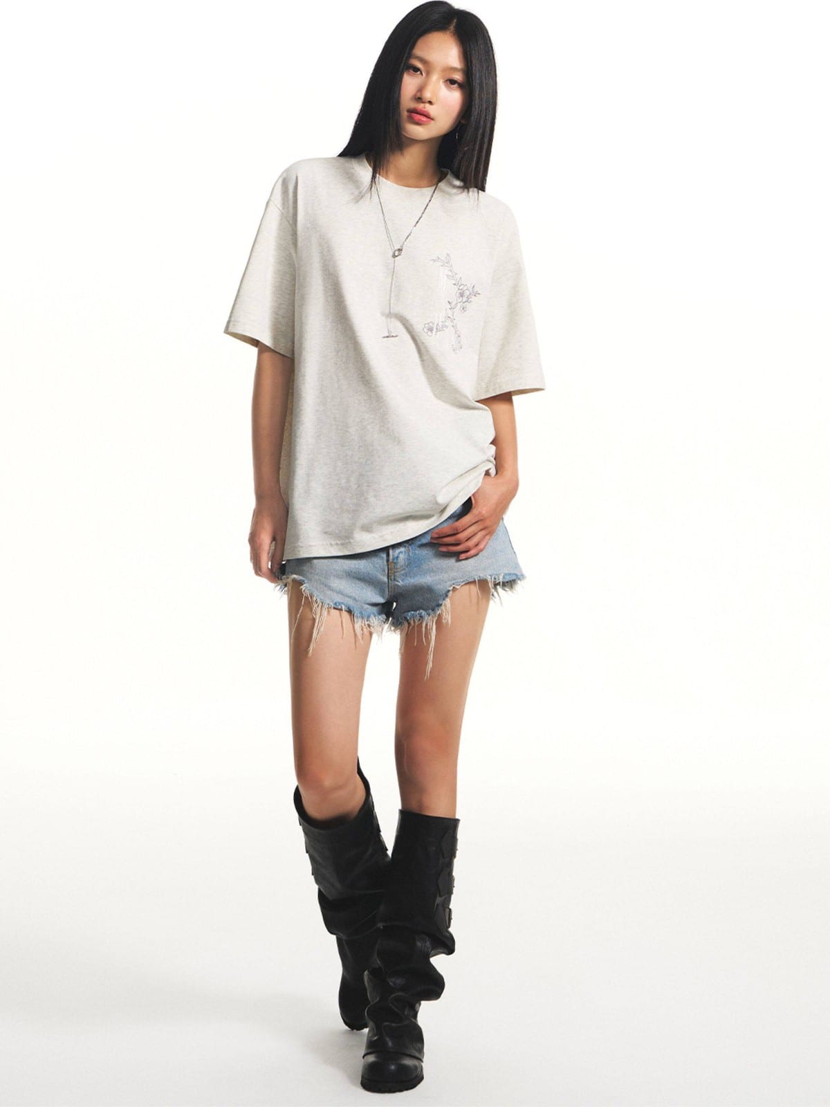 MEDM Floral Graphic Cotton Sorona T Shirt in Gray - On Female Model
