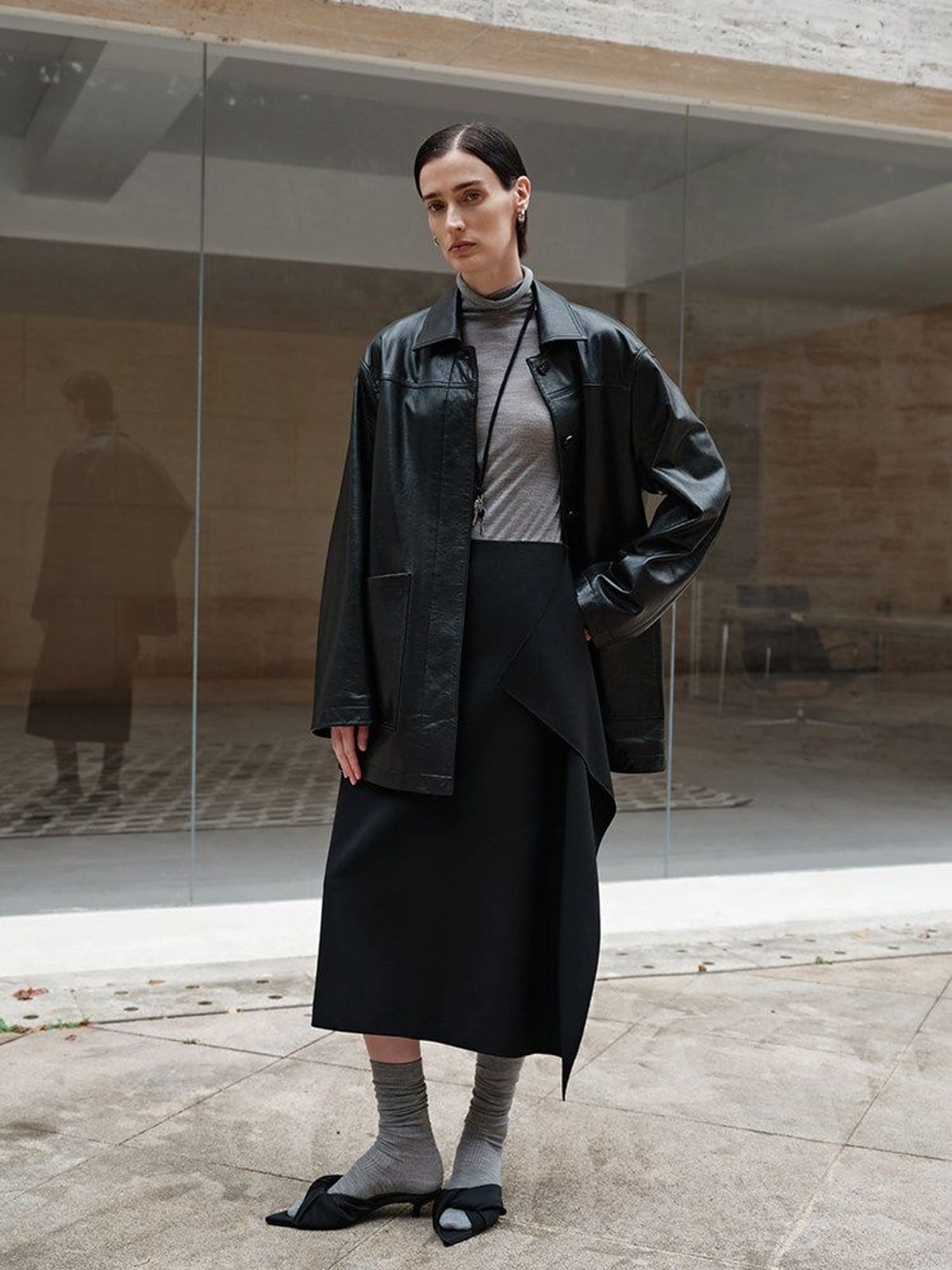 MSBEAST Mid Length Sheepskin Leather Jacket in Black - On Female Model