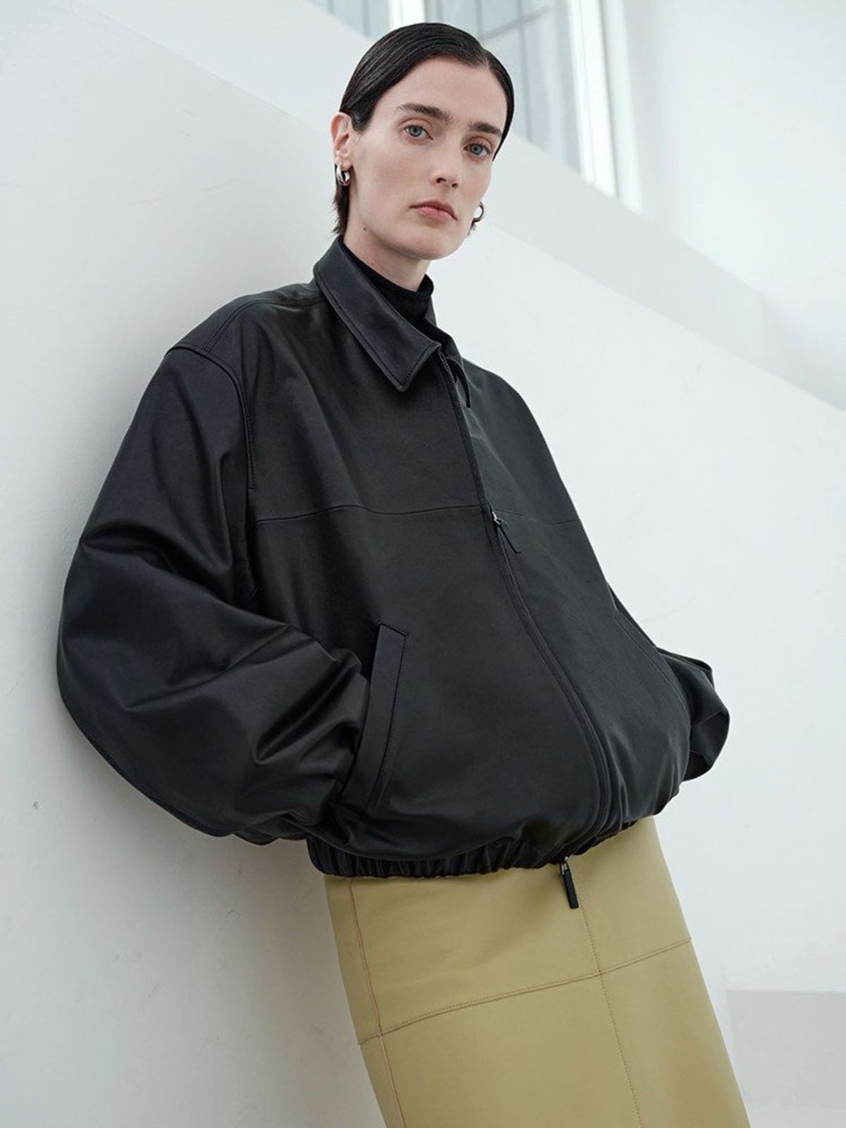 MSBEAST Broad Shoulder Sheepskin Jacket in Black - On Female Model