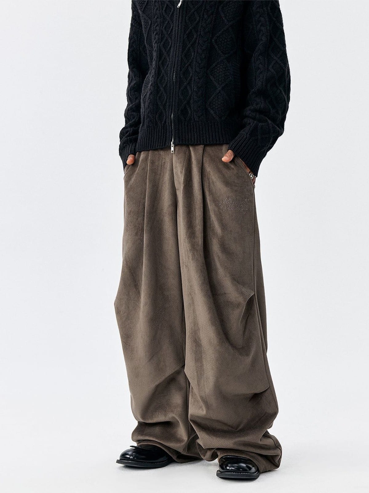 MEDM Wide Leg Parachute Cargo Pants in Brown - On Model