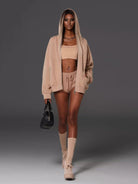 SMFK Cotton Wool Oversized Zip Up Hoodie in Beige - On Female Model