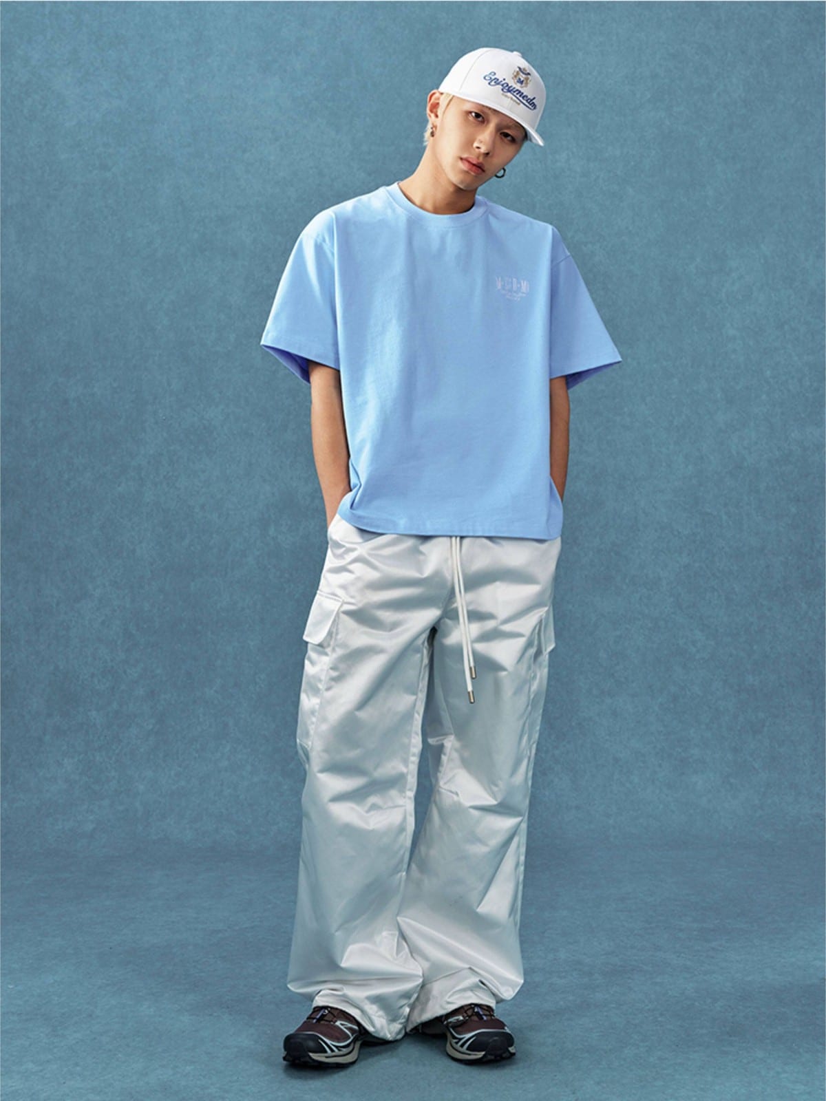 MEDM Letter Embroidery Cotton T Shirt in Sky Blue - On Male Model