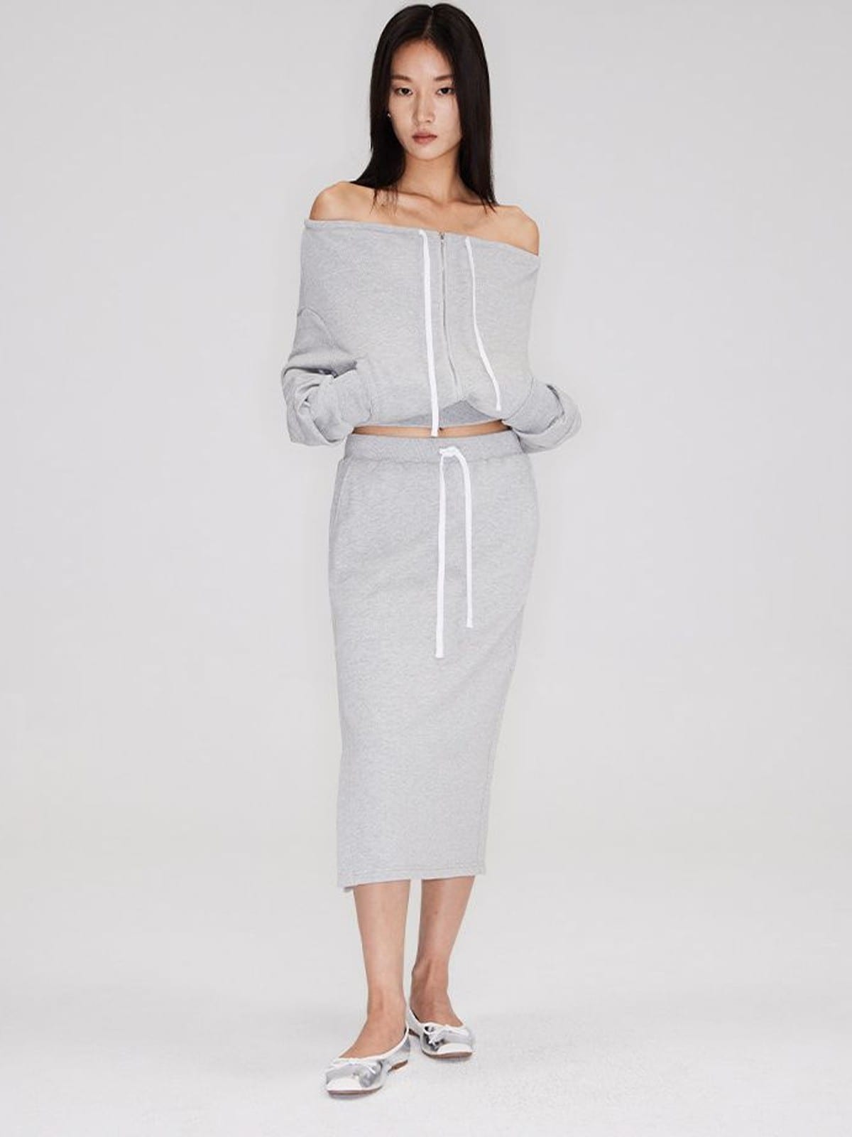 RARELY ALIKE Off Shoulder Zip Up Sweatshirt in Gray - On Female Model