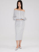 RARELY ALIKE Off Shoulder Zip Up Sweatshirt in Gray - On Female Model