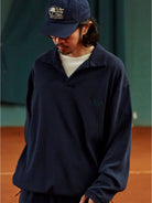 USAGE Oversized Textured Long Sleeve Polo in Navy Blue - On Male Model