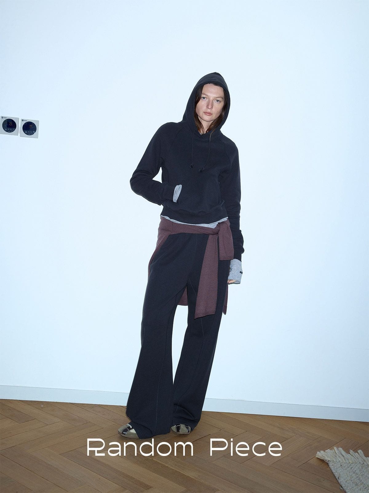 Random Piece Cotton Lyocell Cropped Hoodie in Navy Blue - On Female Model