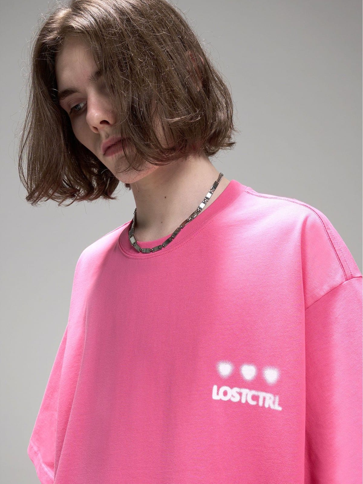LOSTCTRL Blurred Heart Graphic Cotton T Shirt in Pink - On Male Model