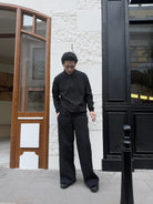 TRIANGLE PROJECT Brushed Cotton Wide Leg Sweatpants in Black - On Male Model