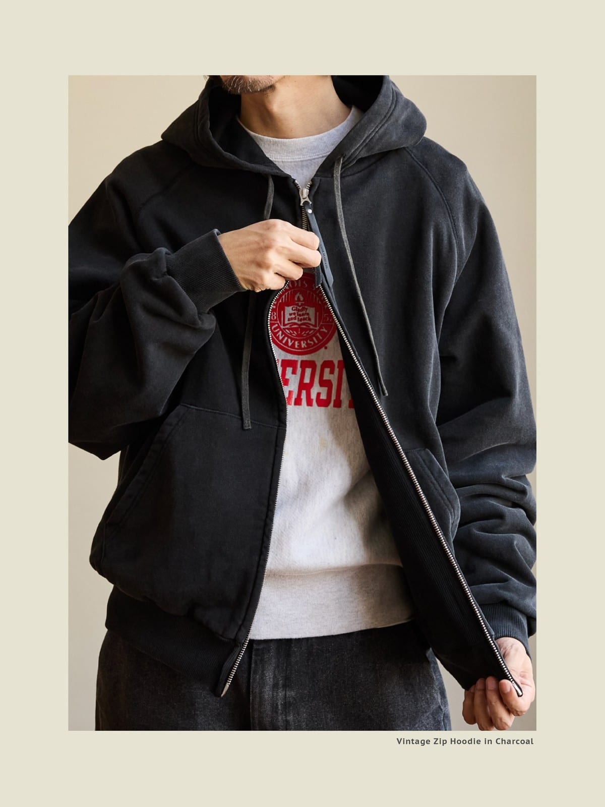 USAGE Vintage Washed Double Layer Zip Hoodie in Black - On Male Model
