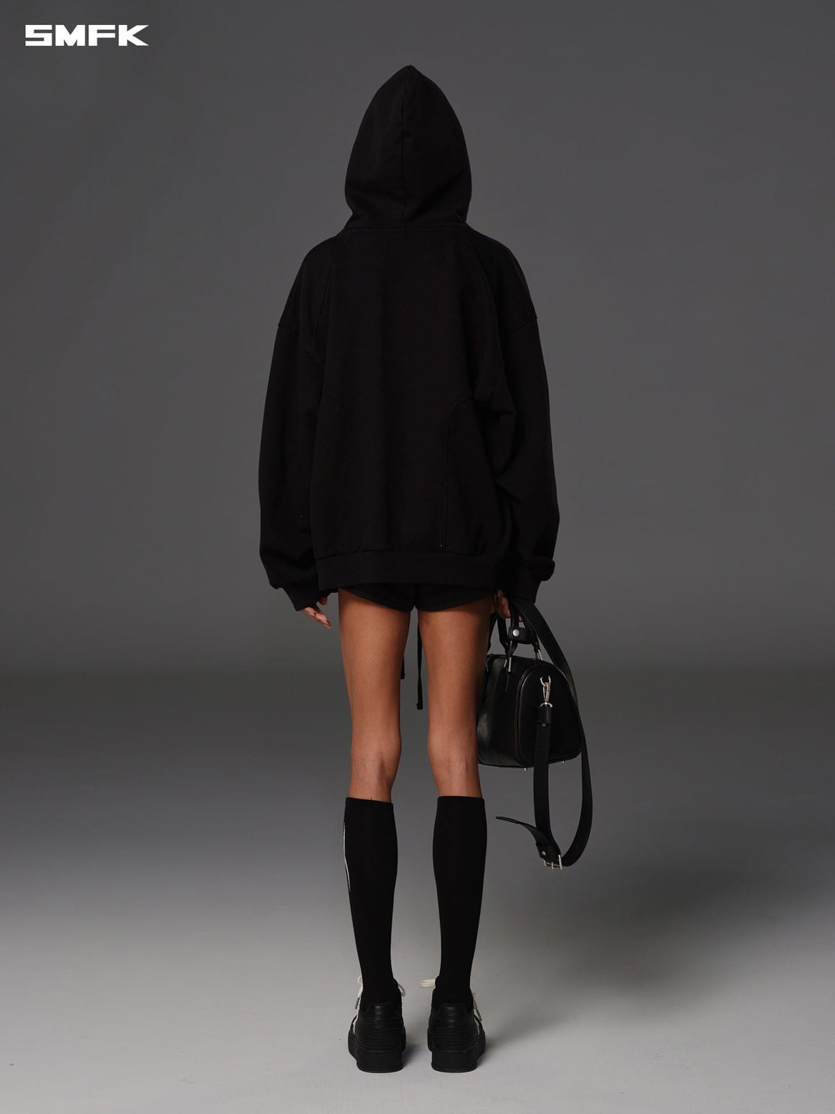 SMFK Oversized Cotton Wool Zip Up Hoodie in Black - On Model