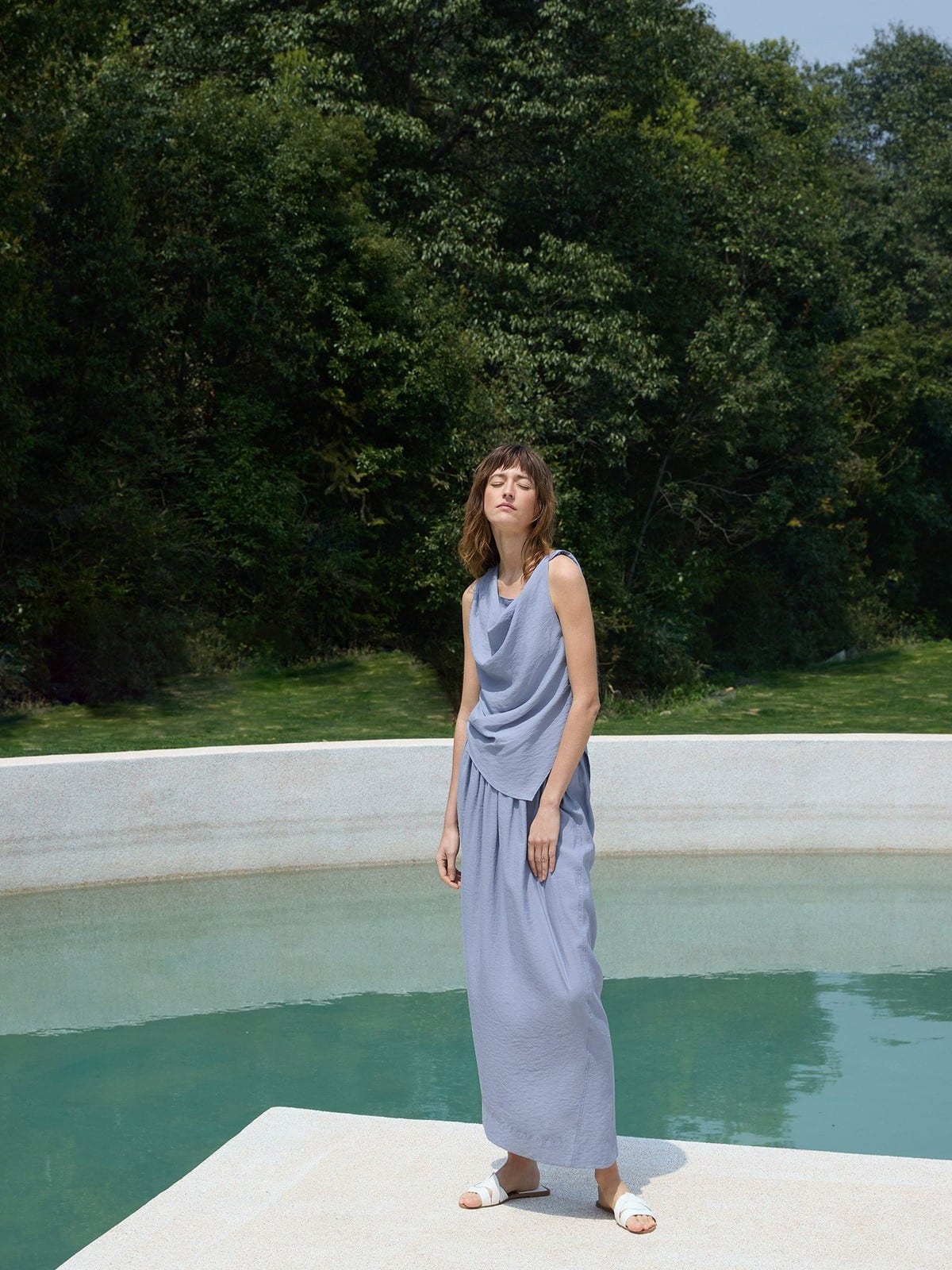 TEASEL Crinkled Silk Blend Shirt Pants Set in Sky Blue - On Female Model