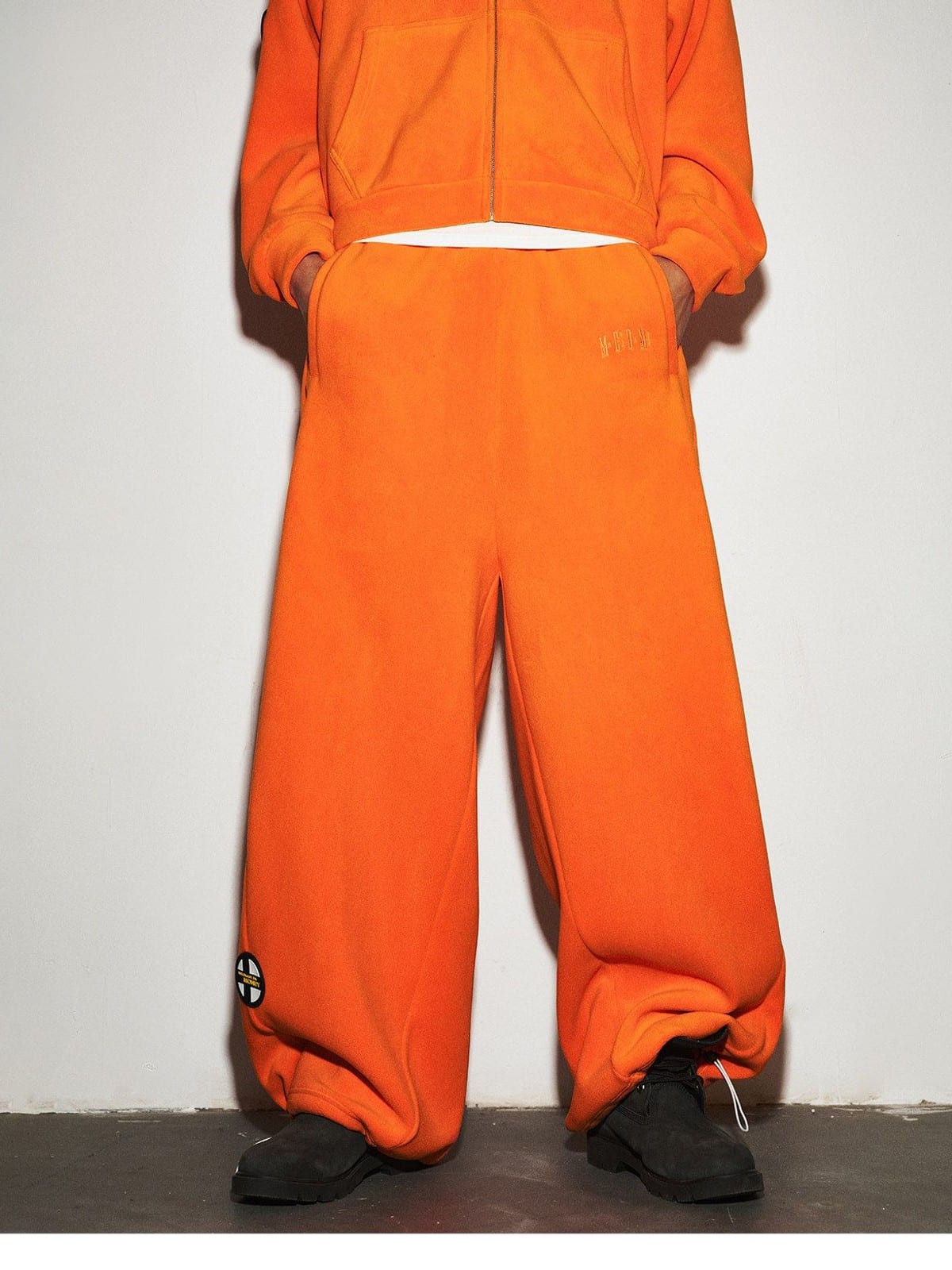 MEDM Fleece Zip Hoodie Drawstring Pants Set in Orange - On Model