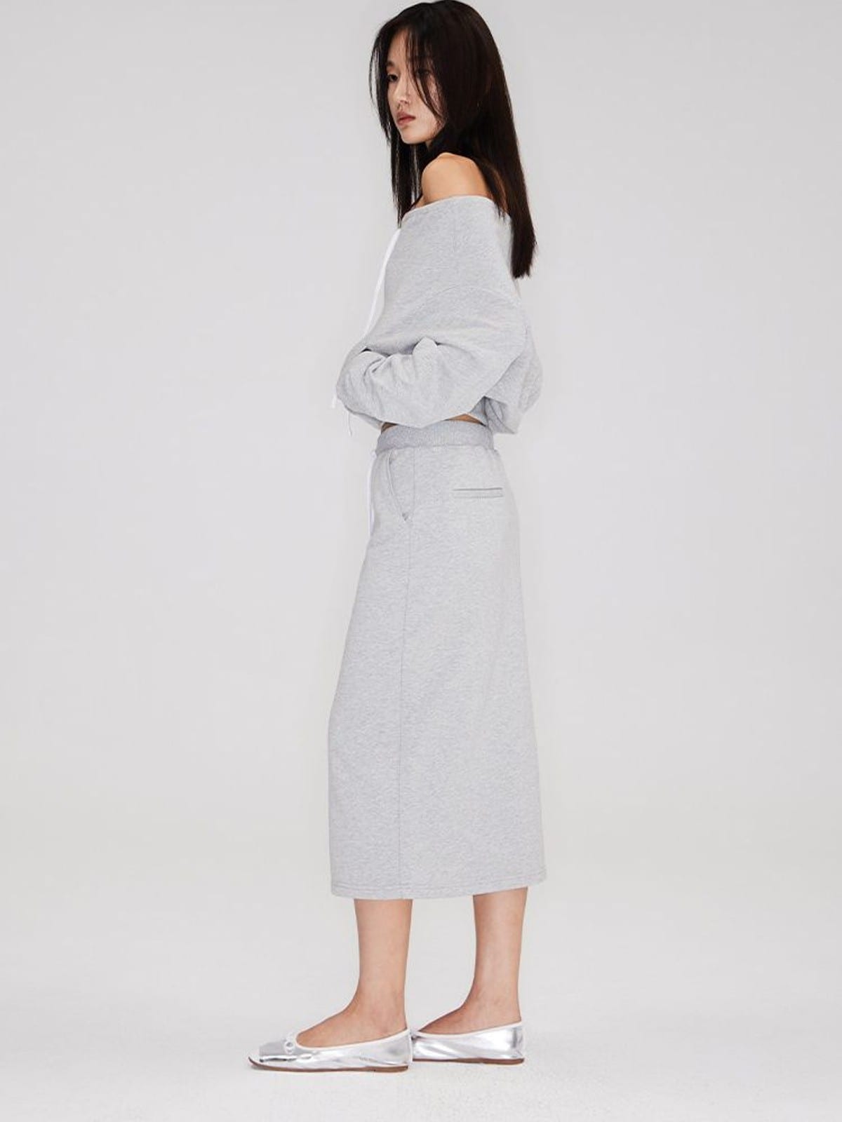 RARELY ALIKE Off Shoulder Zip Up Sweatshirt in Gray - On Female Model