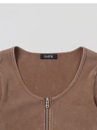 SMFK Ribbed Zip Up Cropped Cardigan in Brown - Detail