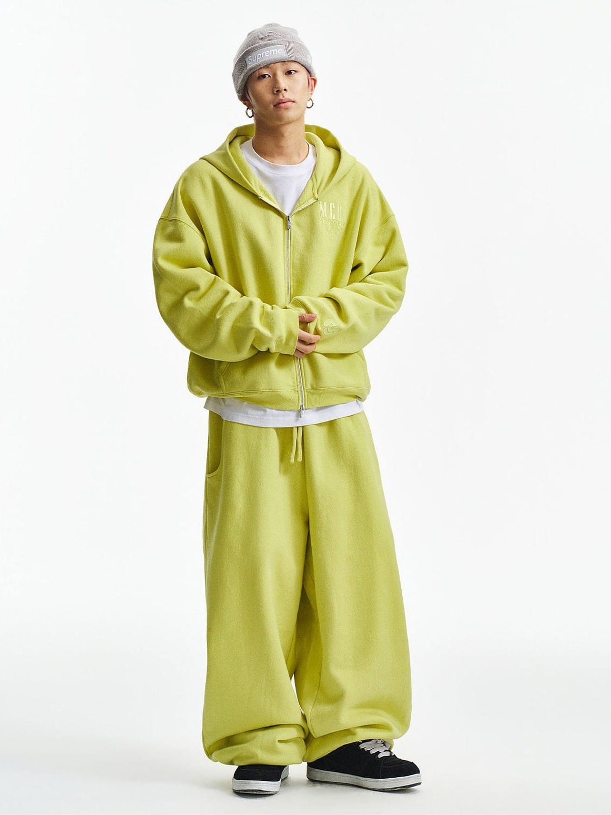 MEDM 3D Logo Two Way Zip Cotton Hoodie in Green - On Male Model