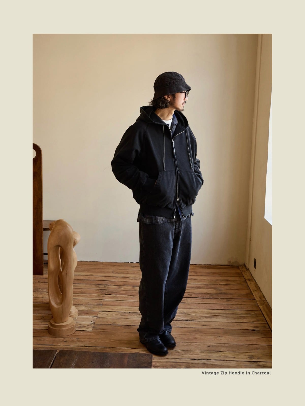 USAGE Vintage Washed Double Layer Zip Hoodie in Black - On Male Model