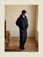 USAGE Vintage Washed Double Layer Zip Hoodie in Black - On Male Model