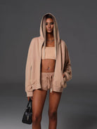 SMFK Cotton Wool Oversized Zip Up Hoodie in Beige - On Female Model