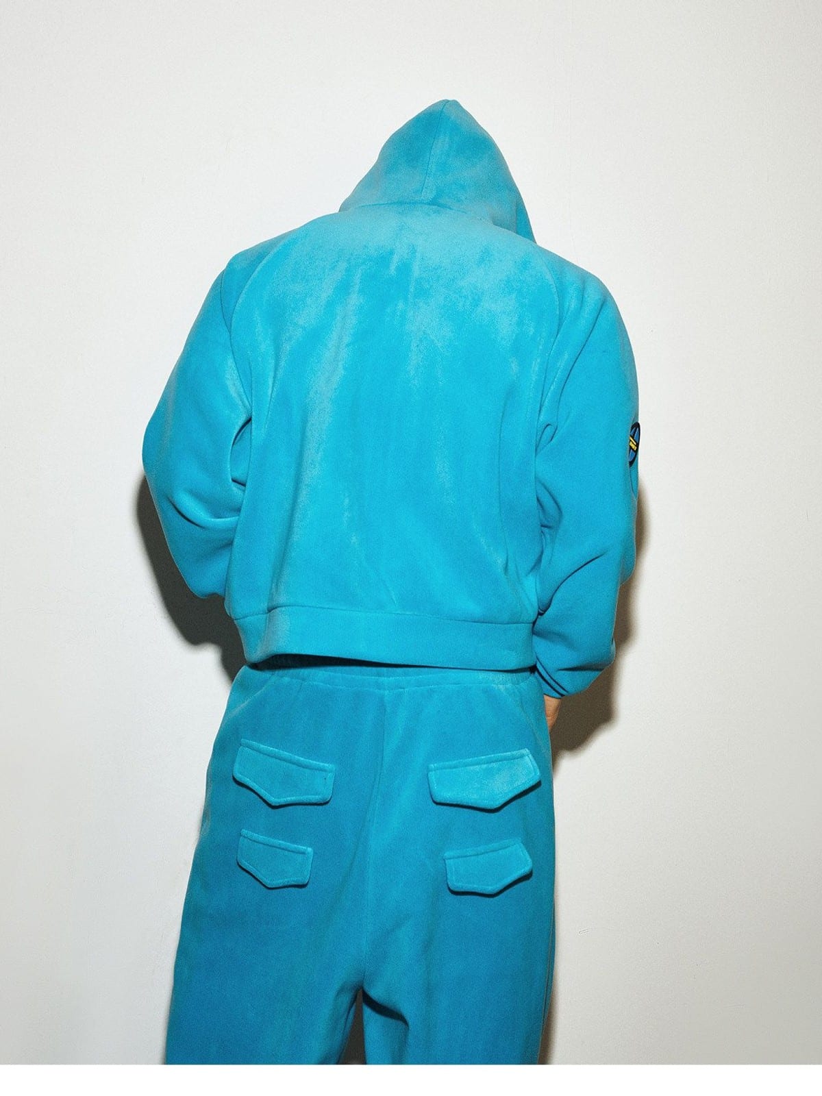 MEDM Polar Fleece Zip Up Hoodie in Sky Blue - On Model